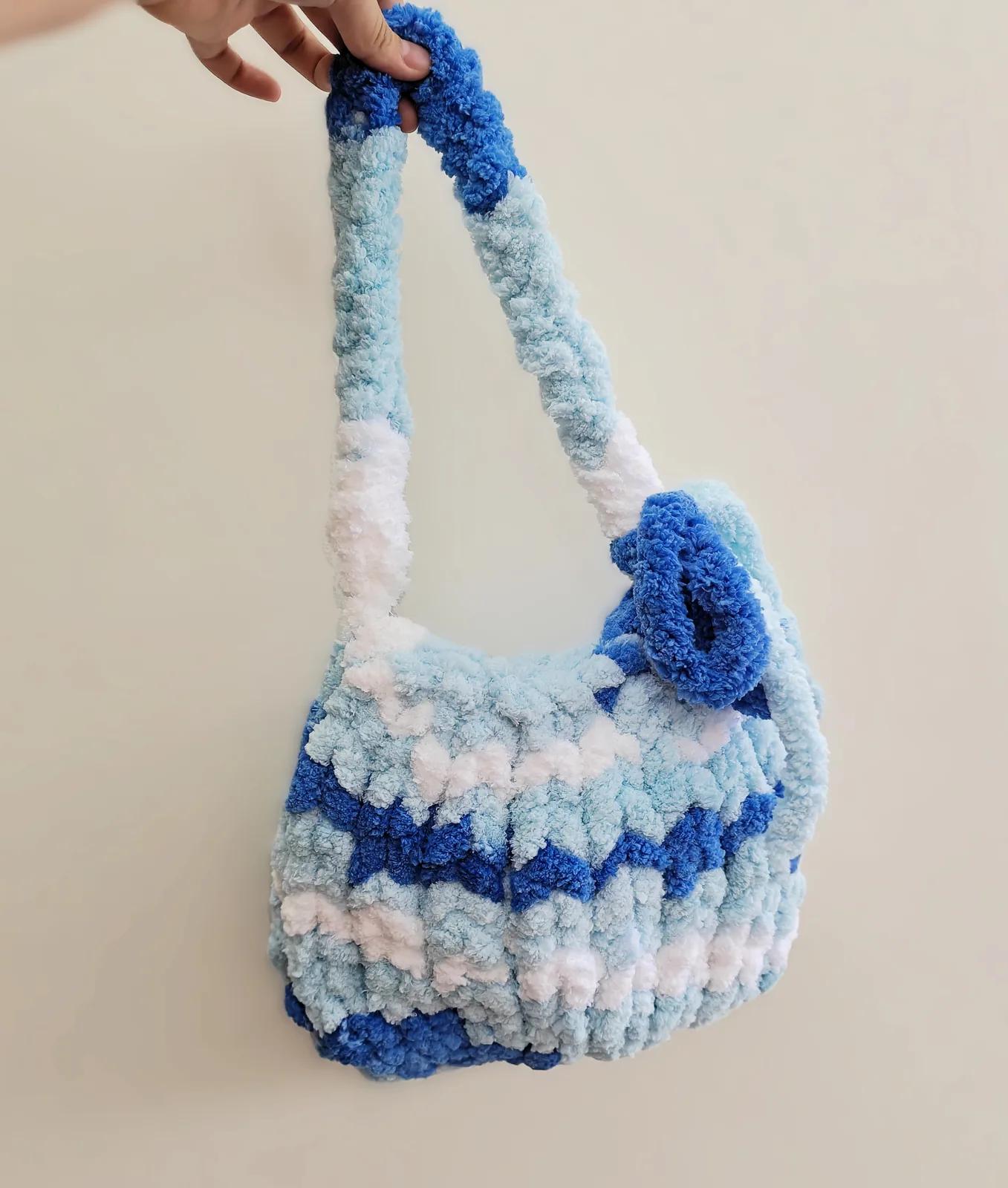Blue Raspberry chunky knit bag, handmade in Singapore by JustCraftz