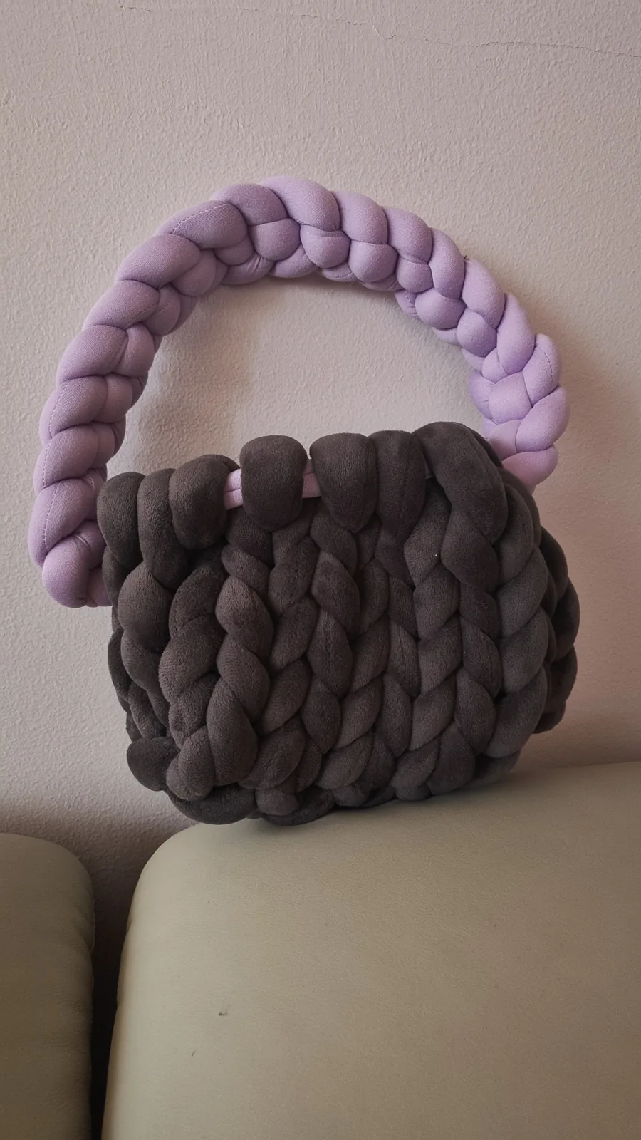 Charcoal & Lavender chunky knit bag, handmade in Singapore by JustCraftz