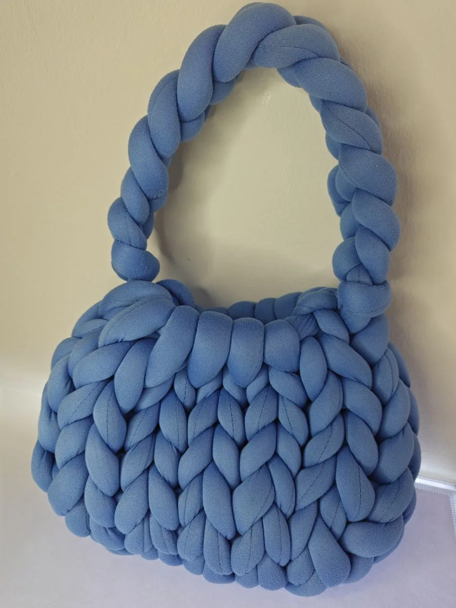 Denim Blue chunky knit bag, handmade in Singapore by JustCraftz