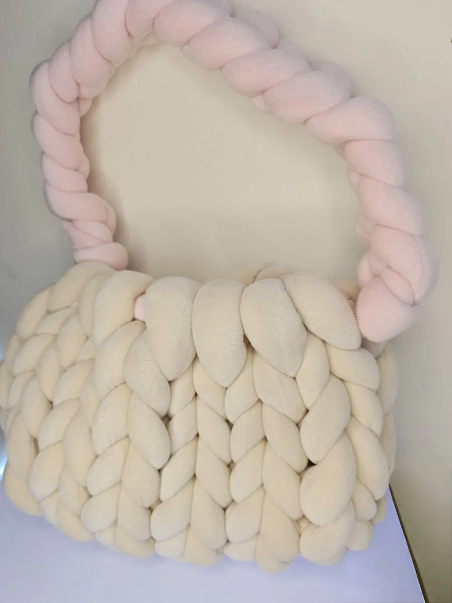 Classic Cream and Frothy Pink chunky knit bag, handmade in Singapore by JustCraftz