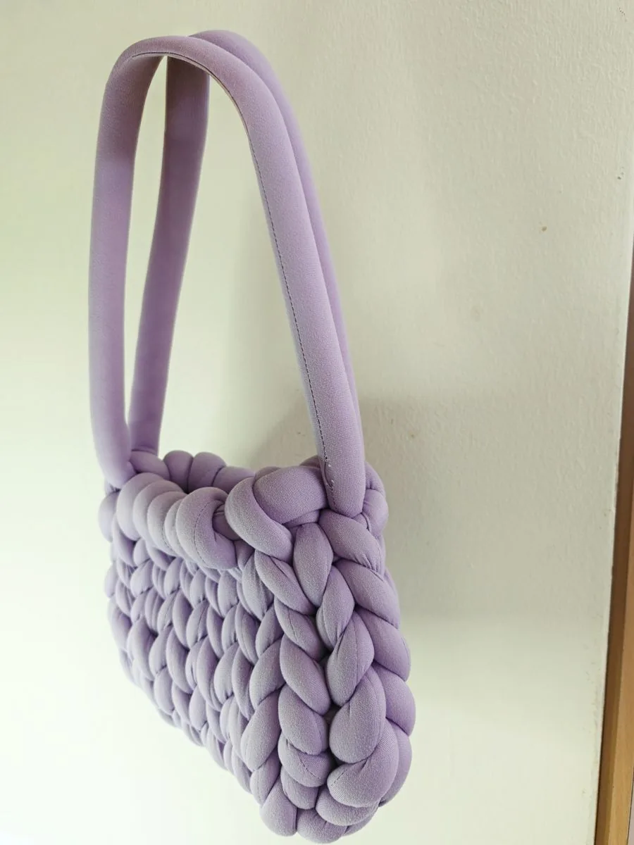 Lavender chunky knit bag, handmade in Singapore by JustCraftz