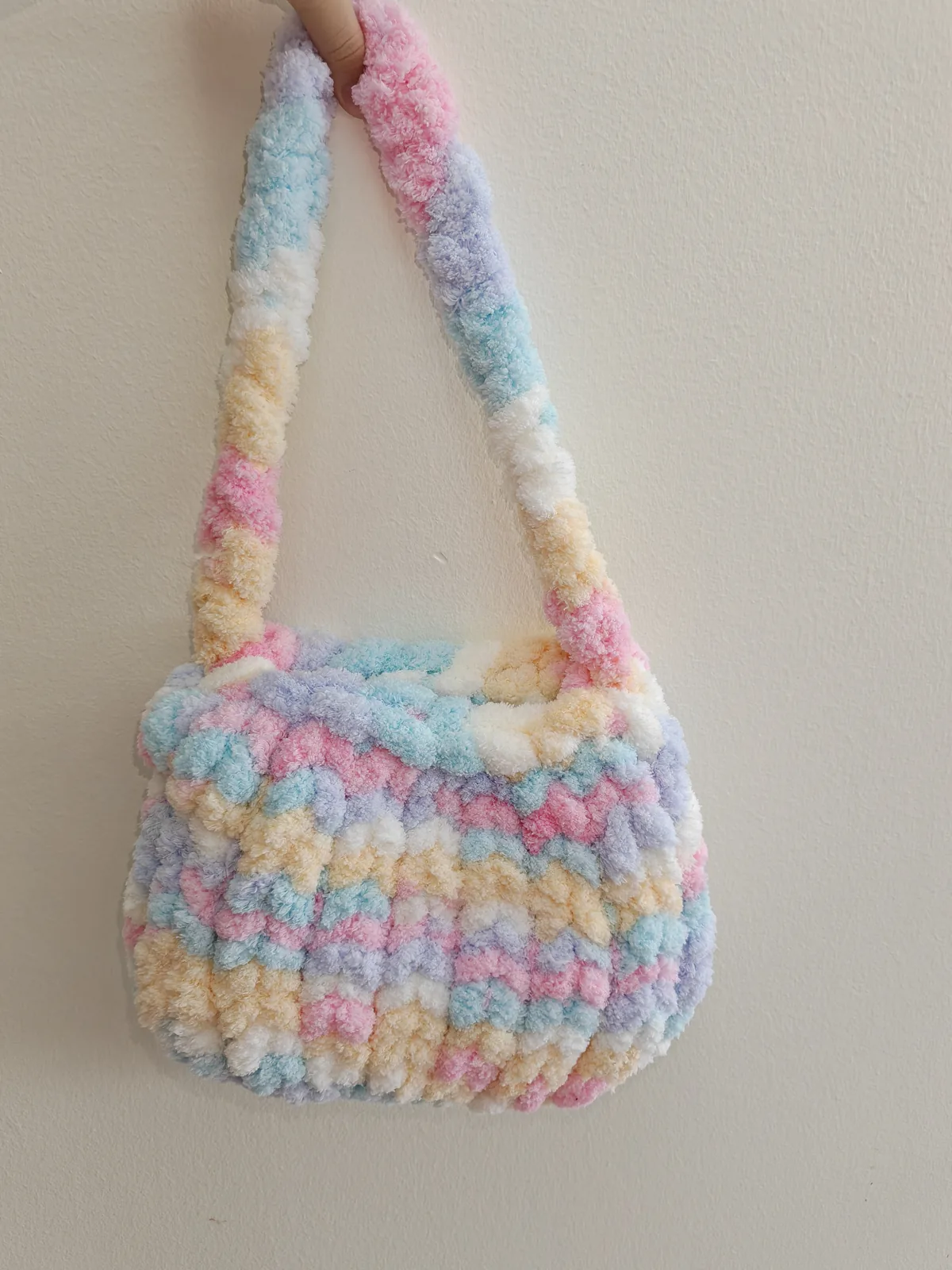 Pastel Rainbow chunky knit bag, handmade in Singapore by JustCraftz