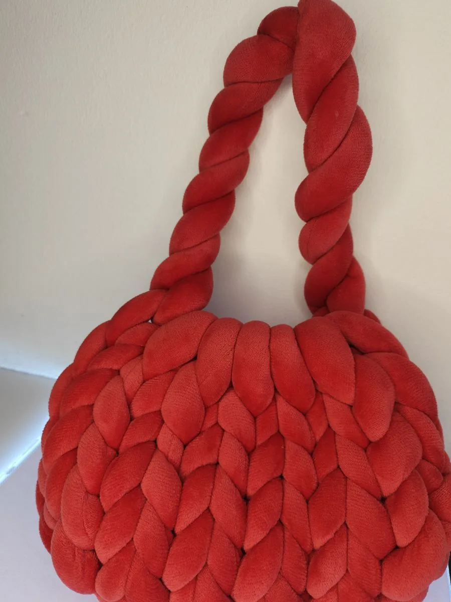 Lava Red chunky knit bag, handmade in Singapore by JustCraftz